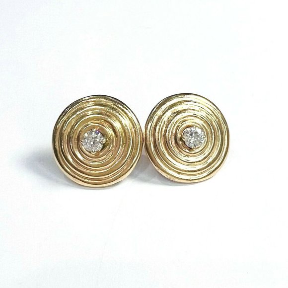 GORGEOUS! 14K Yellow Gold Vintage Round Disc .36CTW Diamond Earring Studs 17mm - Picture 1 of 4
